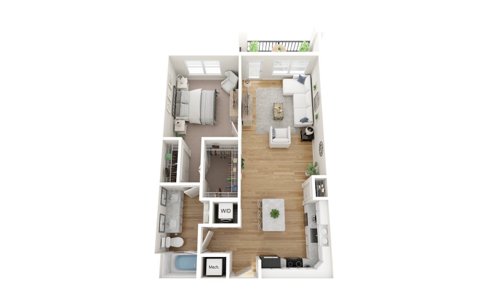 A1 - 1 bedroom floorplan layout with 1 bathroom and 885 square feet (Scheme 1
, 3D)