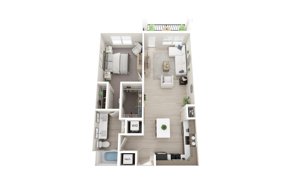 A1 - 1 bedroom floorplan layout with 1 bathroom and 885 square feet (Scheme 2, 3D)