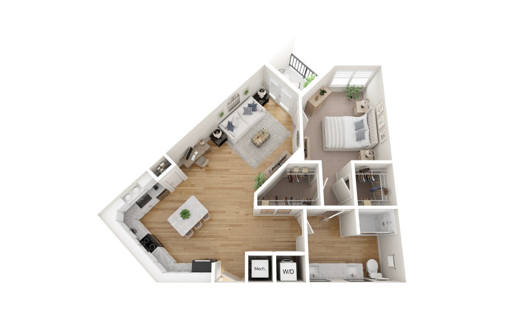 A2 - 1 bedroom floorplan layout with 1 bath and 948 square feet. (Scheme 1 / 3D)