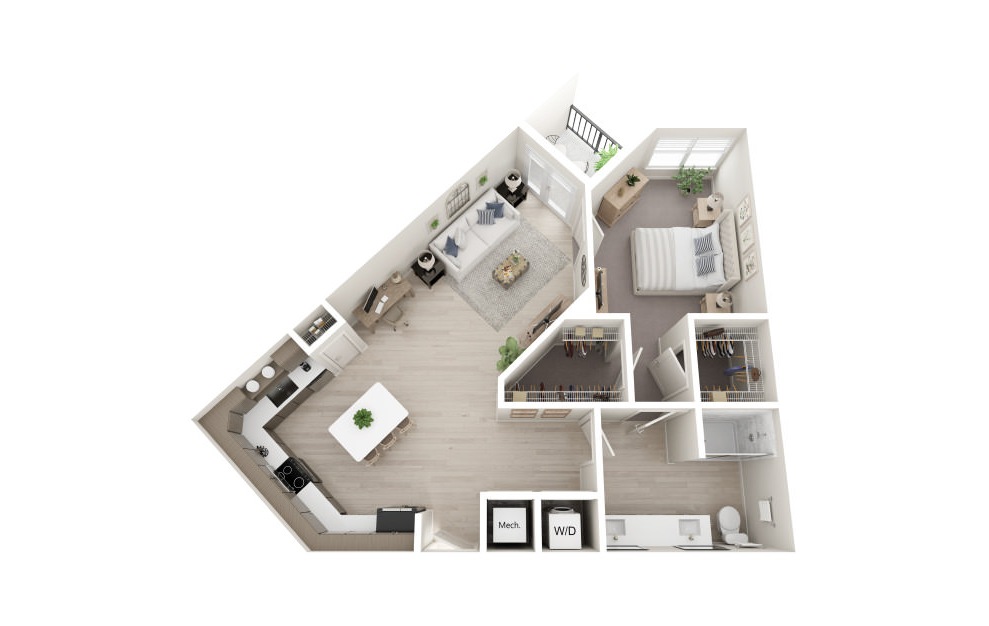 A2 - 1 bedroom floorplan layout with 1 bath and 948 square feet. (Scheme 2 / 3D)