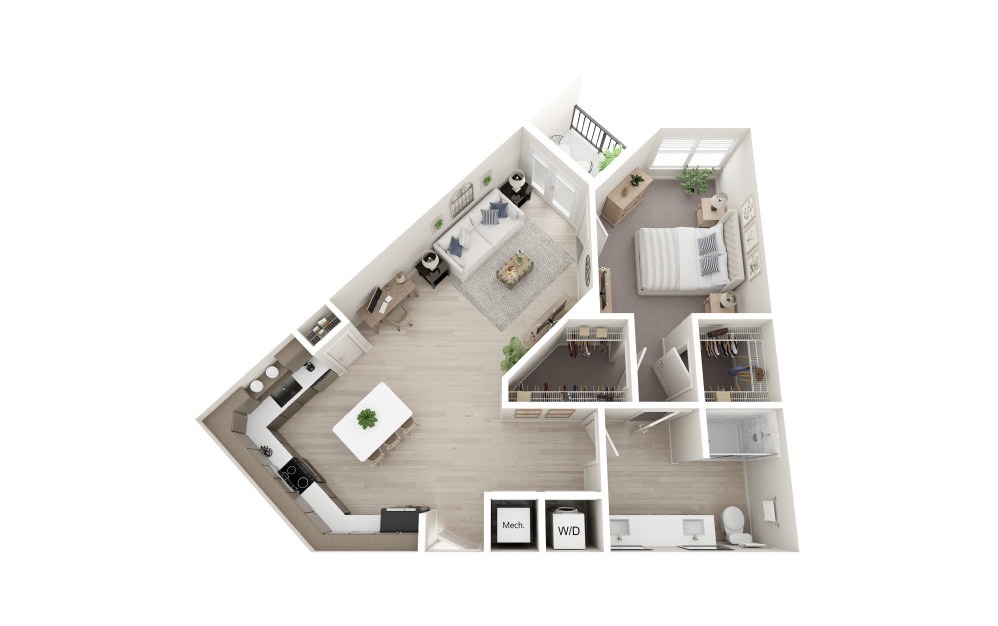 A2 - 1 bedroom floorplan layout with 1 bathroom and 948 square feet (Scheme 2, 3D)