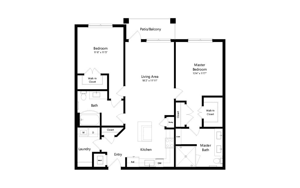 B1 - 2 bedroom floorplan layout with 2 bathrooms and 1235 square feet (2D)