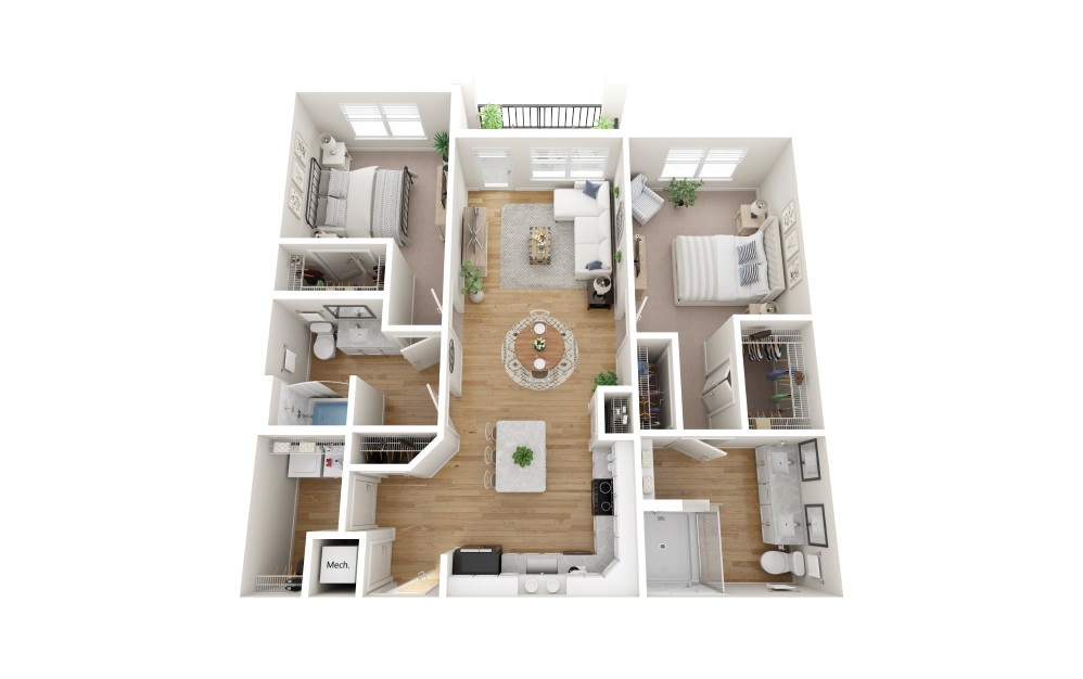 B1 - 2 bedroom floorplan layout with 2 bathrooms and 1235 square feet (Scheme 1
, 3D)