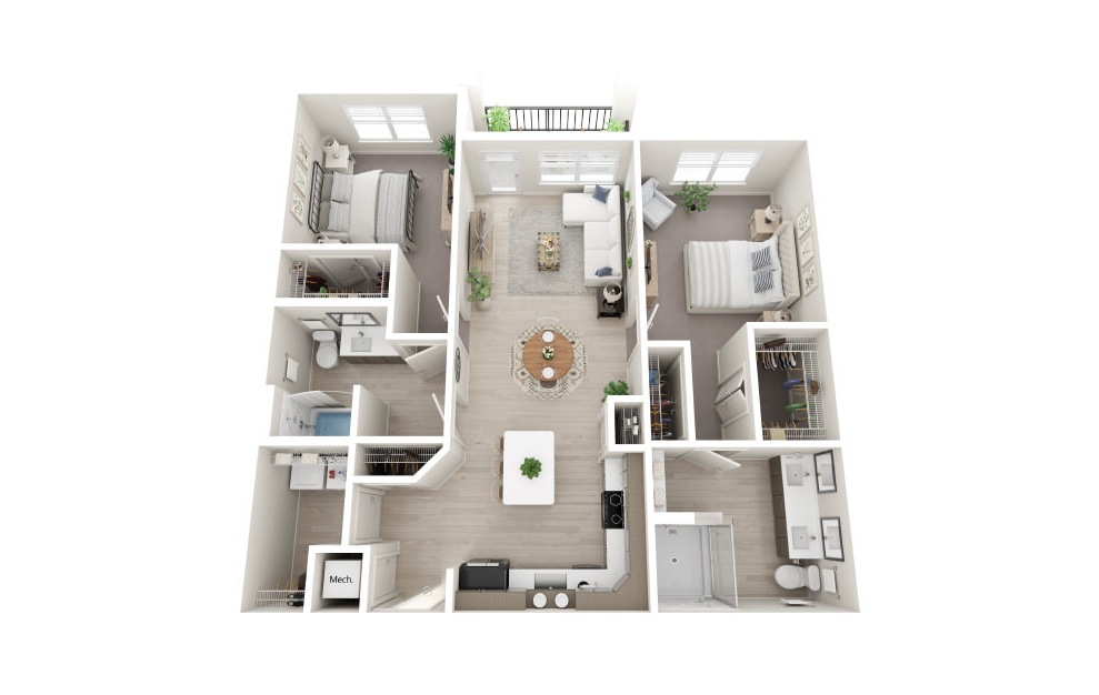 B1 - 2 bedroom floorplan layout with 2 baths and 1235 square feet. (Scheme 2 / 3D)