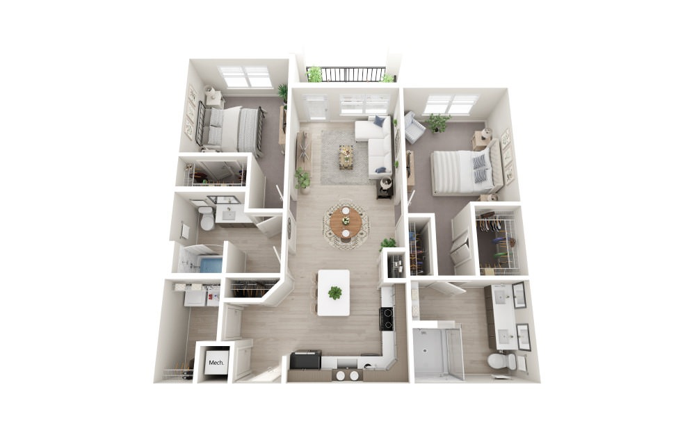 B1 - 2 bedroom floorplan layout with 2 bathrooms and 1235 square feet (Scheme 2, 3D)