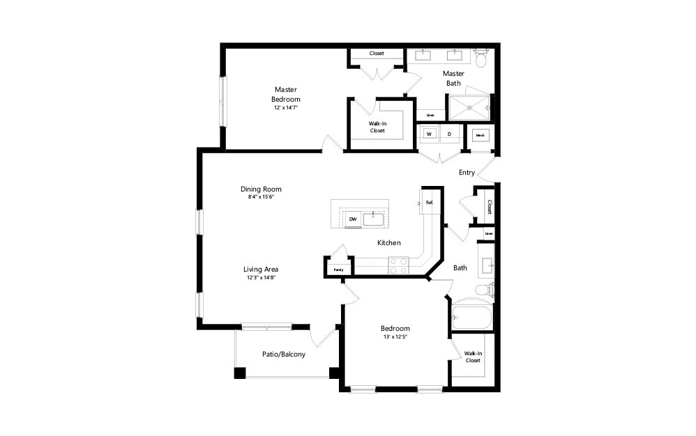 B2 - 2 bedroom floorplan layout with 2 baths and 1353 square feet. (2D)