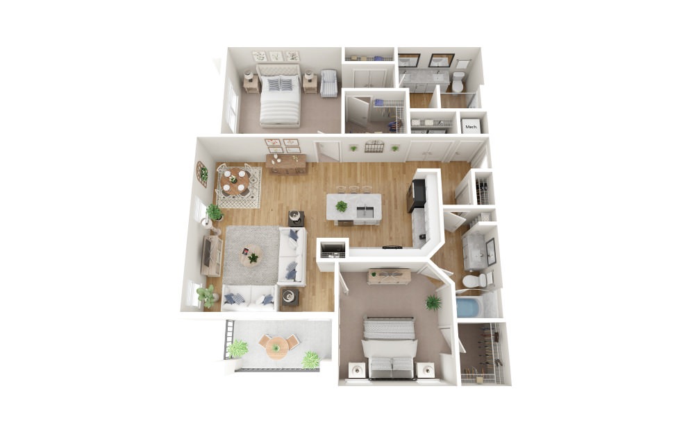 B2 - 2 bedroom floorplan layout with 2 bathrooms and 1353 square feet (Scheme 1
, 3D)