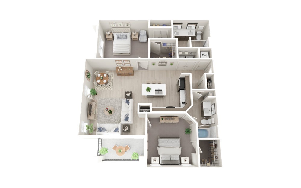 B2 - 2 bedroom floorplan layout with 2 bathrooms and 1353 square feet (Scheme 2, 3D)