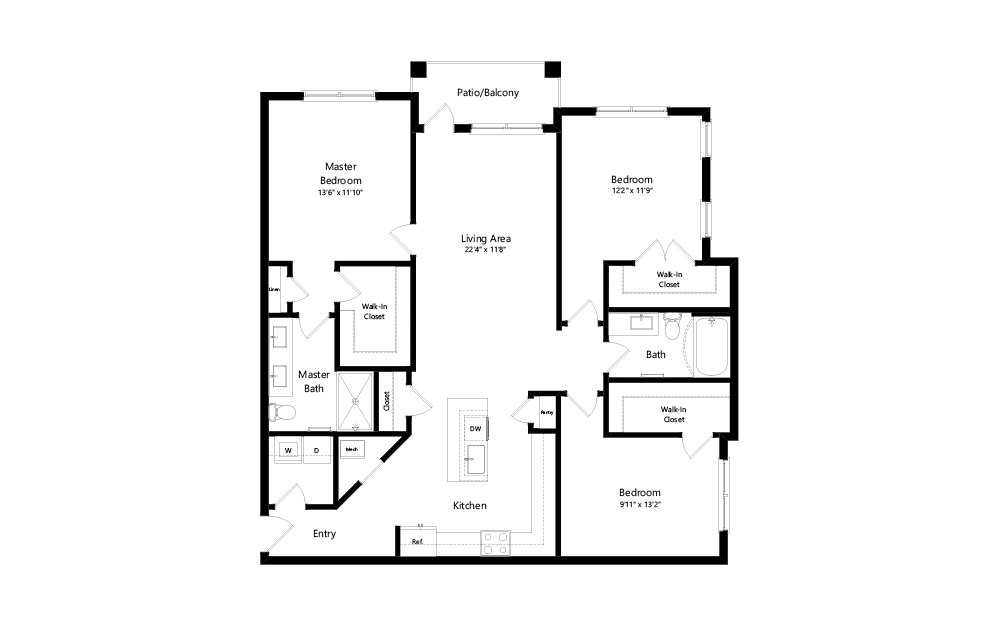 C1 - 3 bedroom floorplan layout with 2 bathrooms and 1477 square feet (2D)