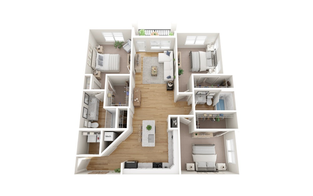 C1 - 3 bedroom floorplan layout with 2 bathrooms and 1477 square feet (Scheme 1
, 3D)