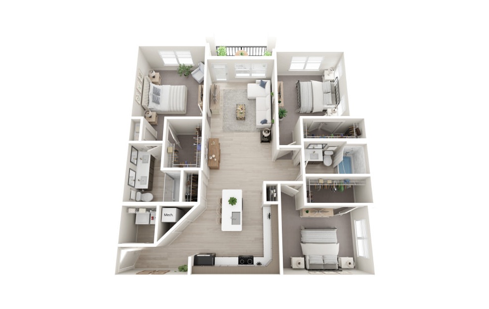 C1 - 3 bedroom floorplan layout with 2 baths and 1477 square feet. (Scheme 2 / 3D)