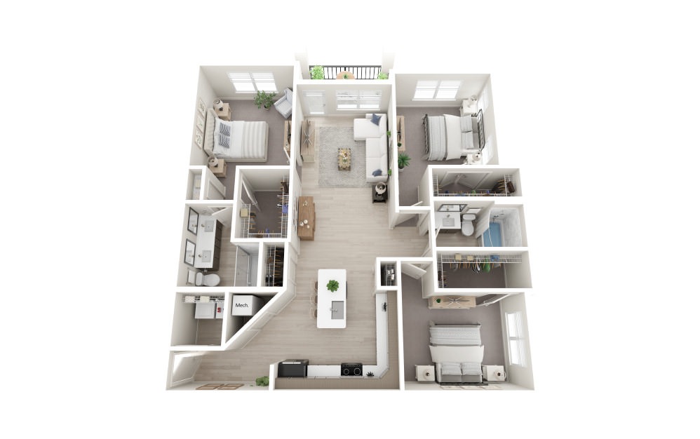 C1 - 3 bedroom floorplan layout with 2 bathrooms and 1477 square feet (Scheme 2, 3D)