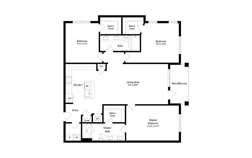 C2 - 3 bedroom floorplan layout with 2 bathrooms and 1589 square feet (2D)