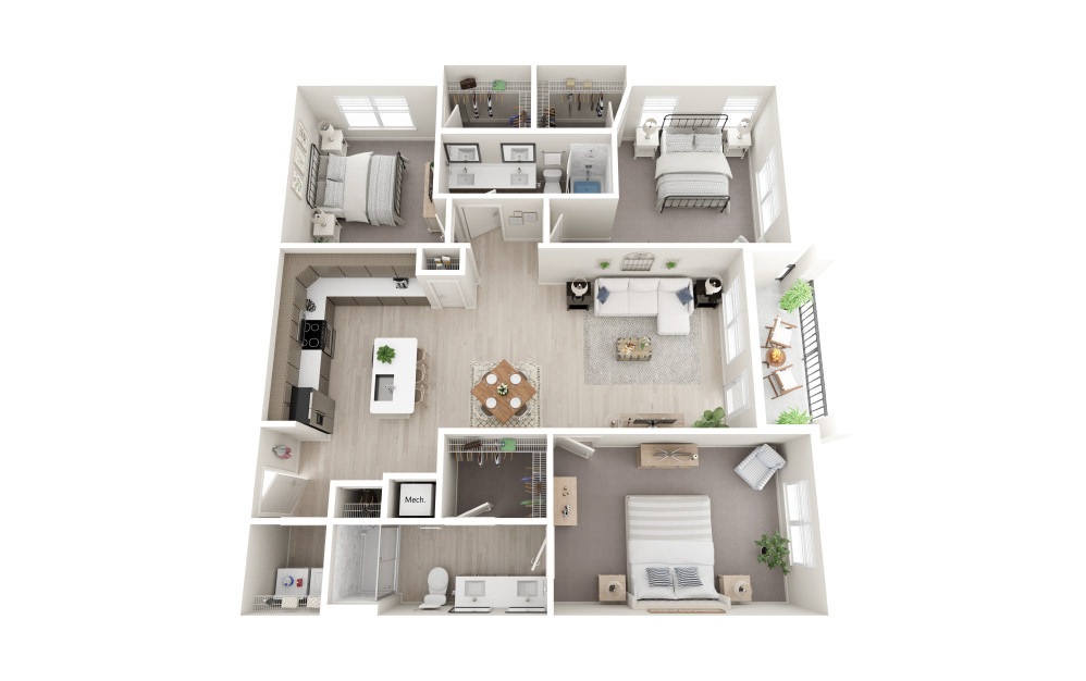 C2 - 3 bedroom floorplan layout with 2 bathrooms and 1589 square feet (Scheme 2, 3D)